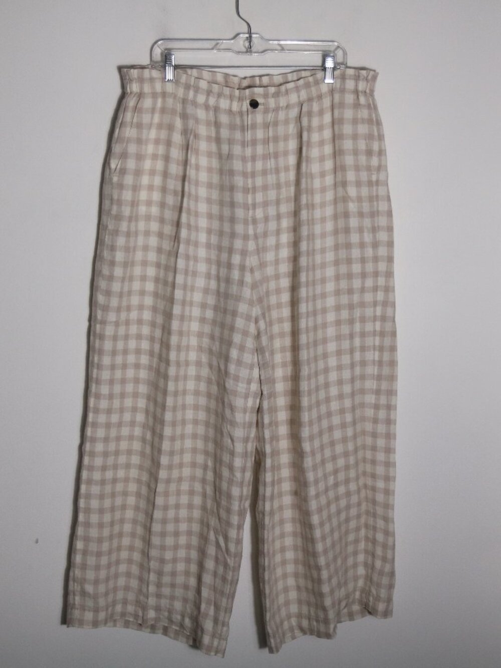 Lou & Grey 100% Linen Gingham Wide Leg High Rise Pants XL Beige Pull On Boho